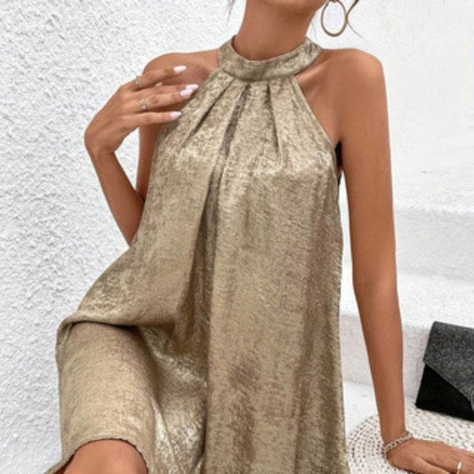Buycenter Women's Halter Dress - Sexy Gold Sleeveless Fashion Style - Buy Center
