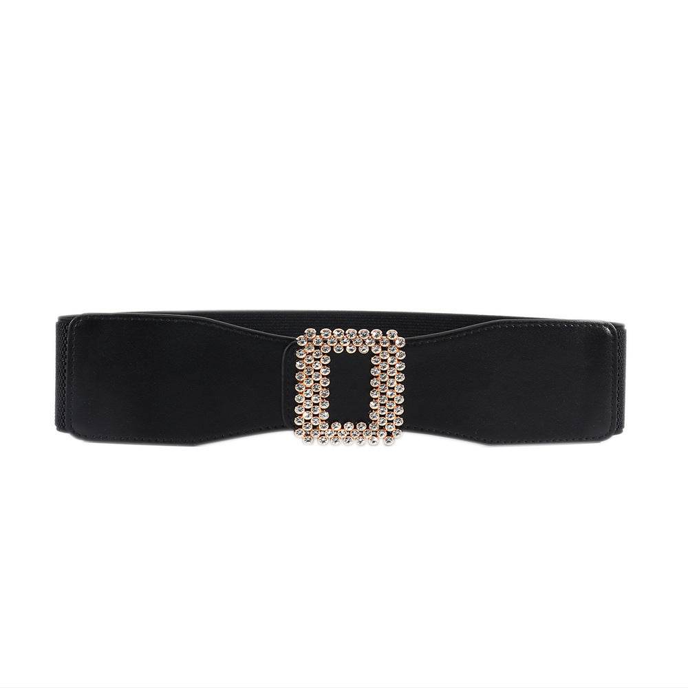 Women's Black Rhinestone Square Buckle Belt - Versatile Elastic Waistband - Buy Center