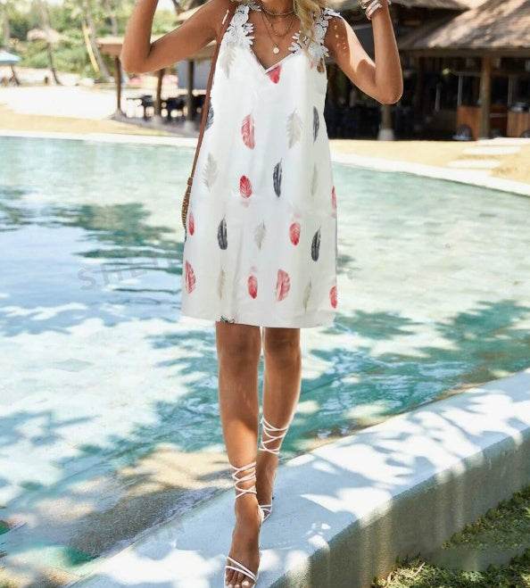 Buycenter Ladies' V-neck Feather Printed Skirt - Lightweight & Casual Style - Buy Center