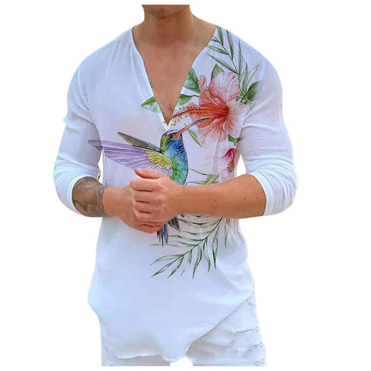 Men's V-Neck Casual Print Long Sleeve T-Shirt - Slim Fit Cotton Blend 2025 - Buy Center