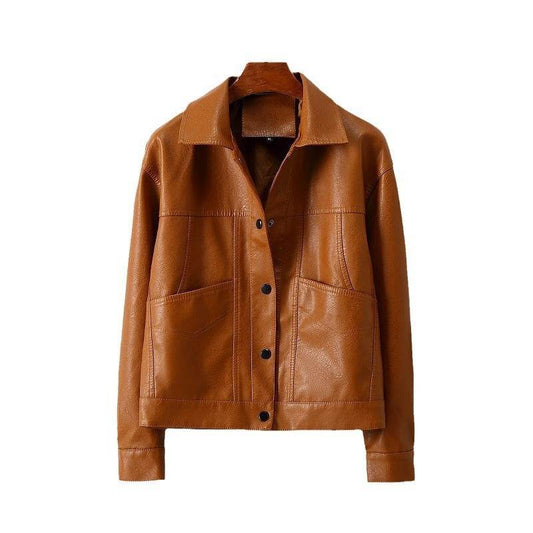 Women's Leather Short Coat - Stylish Lapel Design in Multiple Colors - Buy Center