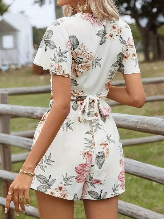 Women's Elegant White Floral Two-Piece Set - Crop Top & Shorts - Buy Center