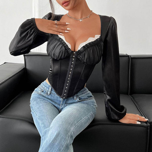 Buycenter See-Through Mesh Lace Top - Slim Fit Long-Sleeved Blouse - Buy Center