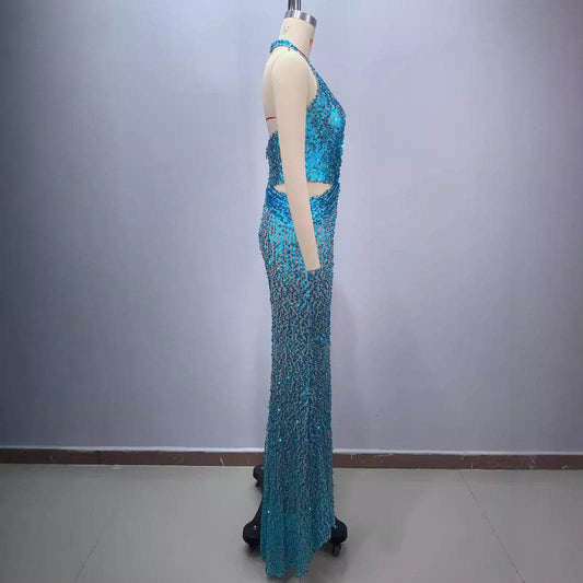 Sky Blue Halter Evening Dress - Deep V-Neck, Slimming Silhouette - Buy Center