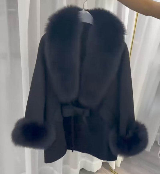 Buycenter Real Wool Autumn Cape Top - Loose Fit with Fur Collar - Buy Center