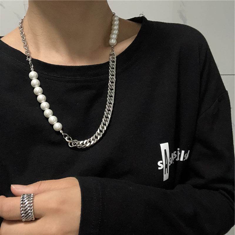 Cool Hip Hop Titanium Steel Pearl Necklace - 55cm Geometric Design - Buy Center