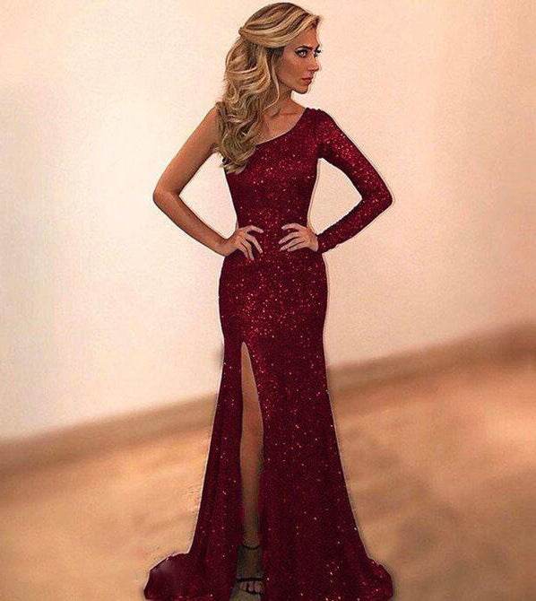 Women's One Shoulder Evening Dress - Long Sleeve, Stylish Bronzing - Buy Center