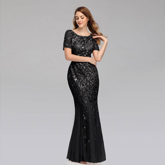 Buycenter Large Size Evening Dress - Slim Fit Pearl Mesh Fishtail Design - Buy Center
