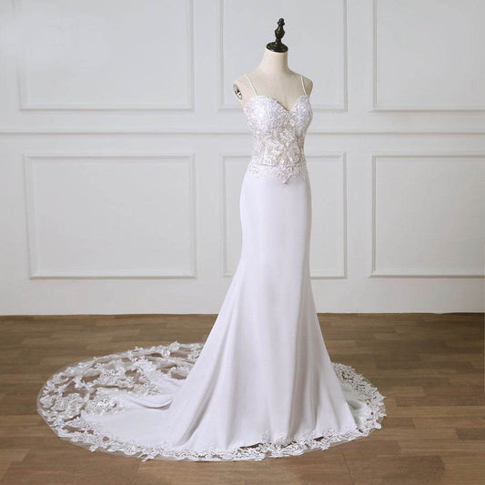 Elegant Spaghetti Straps Lace Bridal Gown - Pure White & Ivory Options - Buy Center