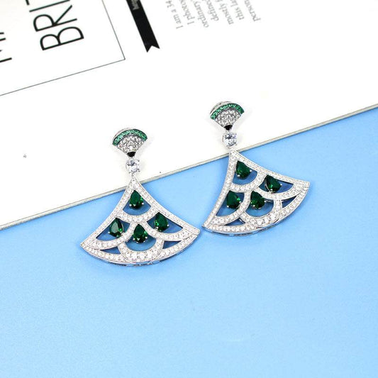 Green Zircon Fan-Shaped Earrings - Gold-Plated with Diamond Accents - Buy Center