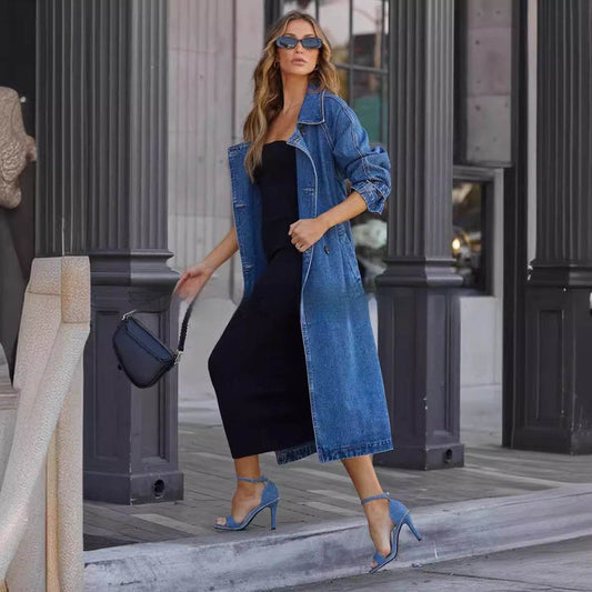 Buycenter Women's Denim Cotton Windbreaker - Double Pocket Long Jacket - Buy Center