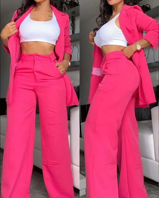 Buycenter Plain Color Sleeve Jumpsuit Set - Elegant Lapel Pocket Pants - Buy Center