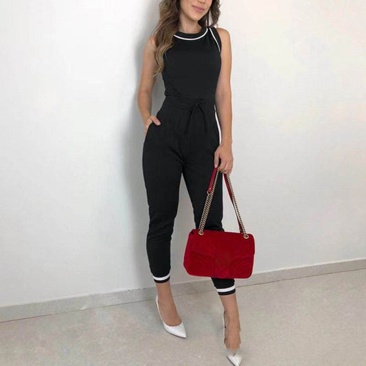 Buycenter Contrast Color Jumpsuit - Round Neck Sleeveless Vest Style - Buy Center