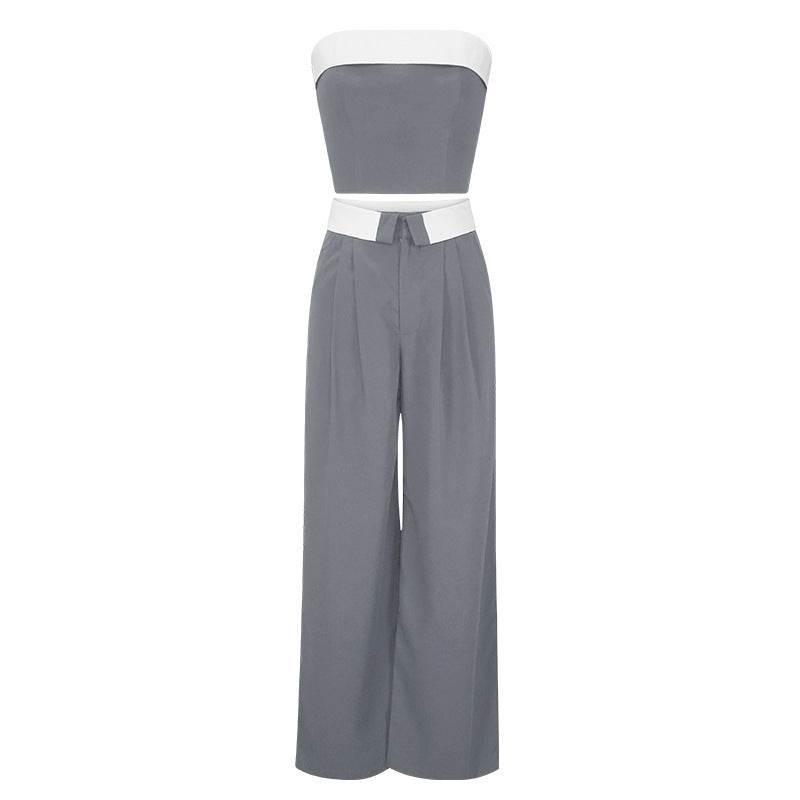Contrast Color Two-Piece Jumpsuit - Trendy Gray & Black Wide-Leg Style - Buy Center