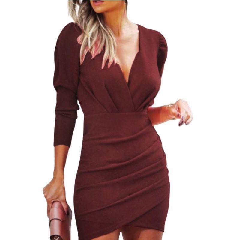 Buycenter Women's Thin Long Sleeve Dress - Solid Color Evening Wear - Buy Center