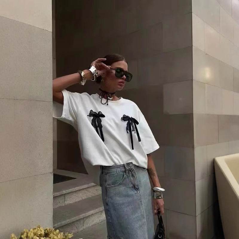 Millennium Women's Lace Stitching T-Shirt - Bowknot Short Sleeve Style - Buy Center