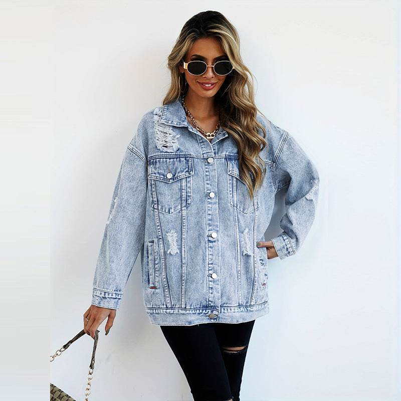 Boyfriend-Style Ripped Denim Jacket - Light Blue Casual Fashion 2025 - Buy Center