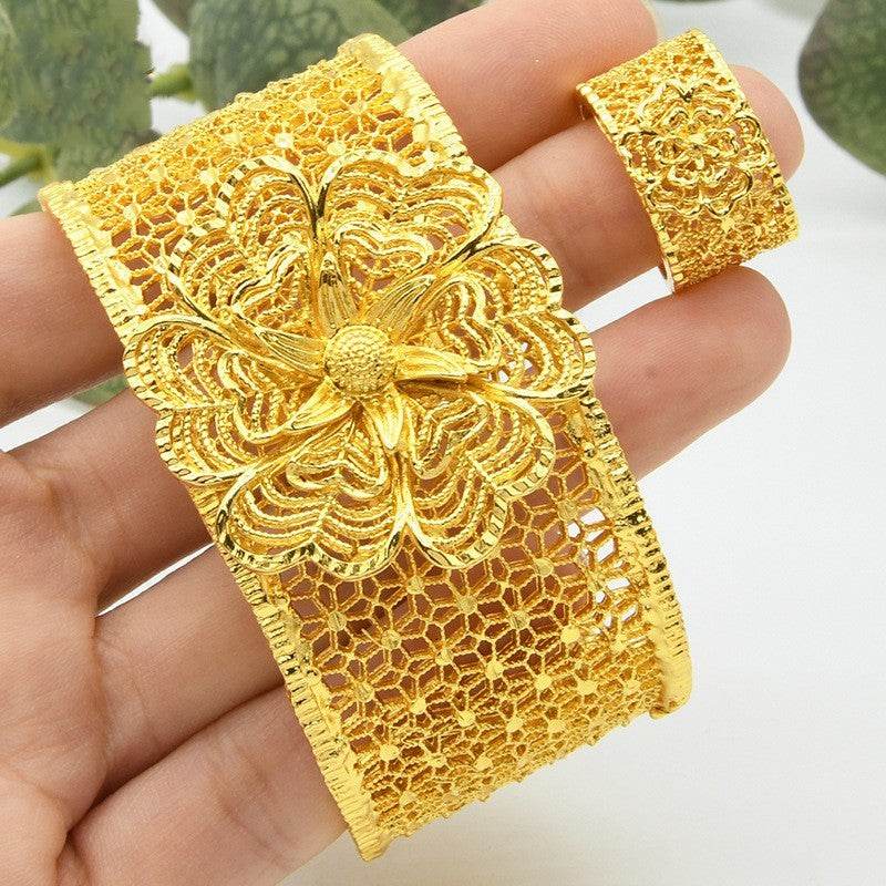 Women's Alluvial Gold Bracelet Ring Set - C-Shaped Ripple Design - Buy Center