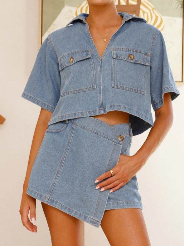 Women's V-Neck Denim Suit - Irregular Short Sleeve Top & Skirt Set - Buy Center
