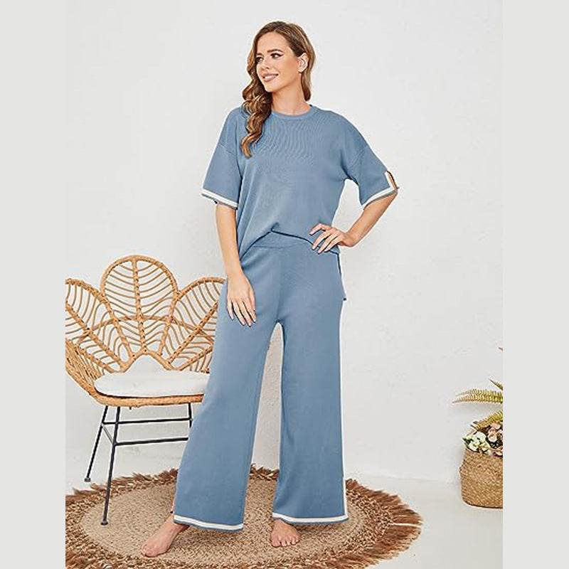 Buycenter New Knitting Suit - Short Sleeve Pullover & Wide Leg Pants - Buy Center