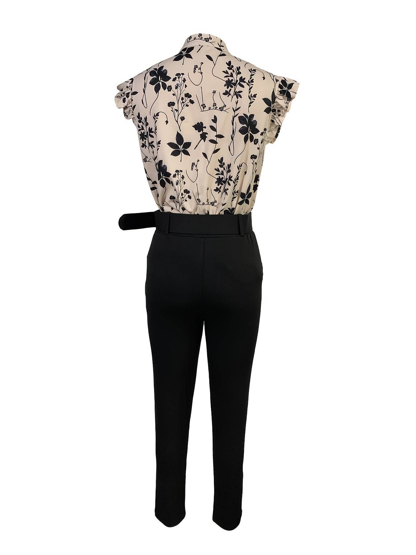 Women's V-Neck Two-Piece Set - Casual Wood Ear Cuffs & Belted Pants - Buy Center