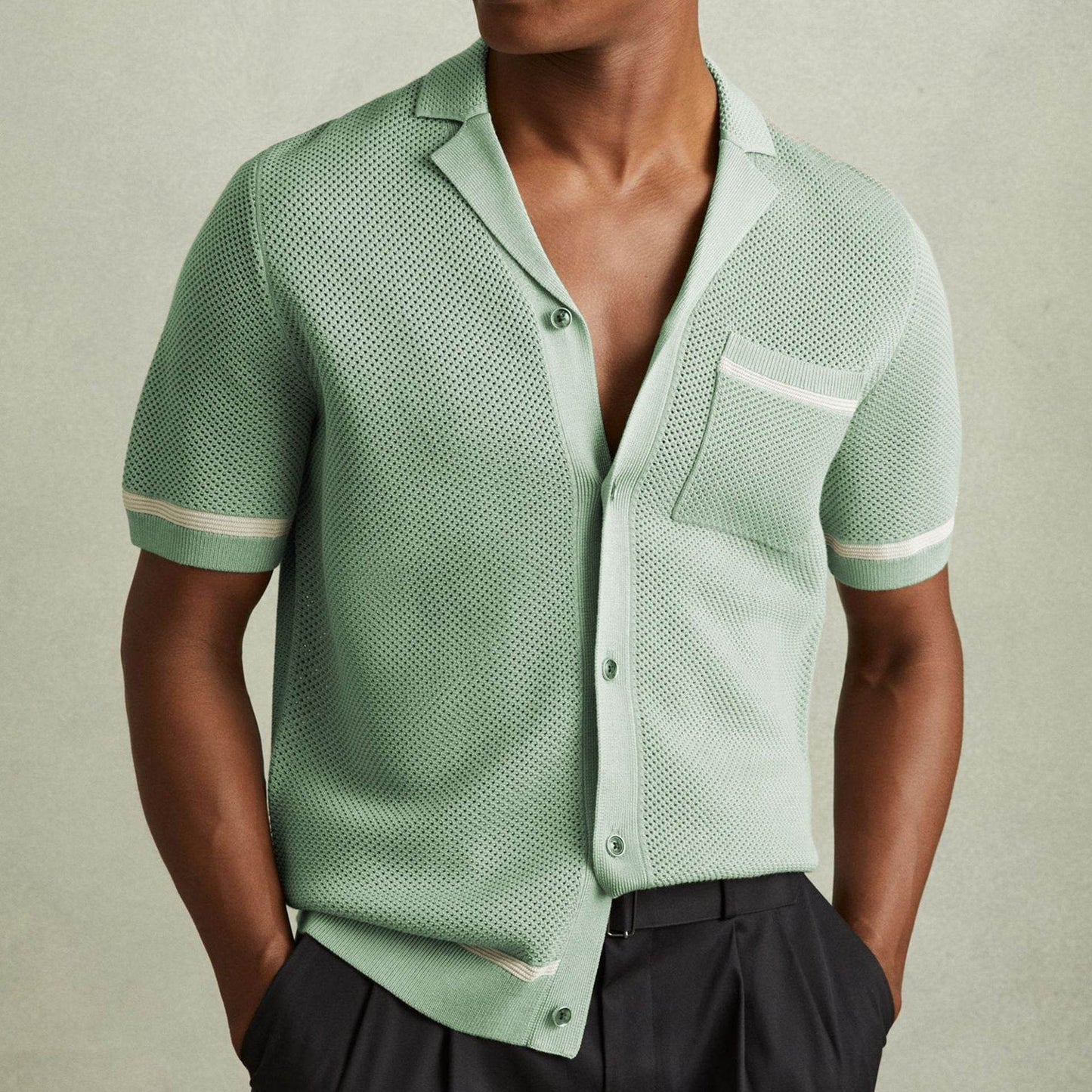 Men's Summer Cuban Collar Polo Shirt - Lightweight Knitwear in Gray, Green, Blue - Buy Center