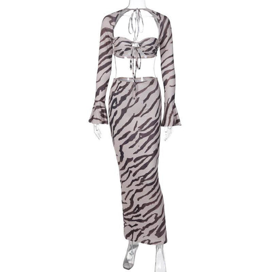 Buycenter 3D Zebra Striped Long-Sleeved Top & Slim Skirt Suit - Buy Center