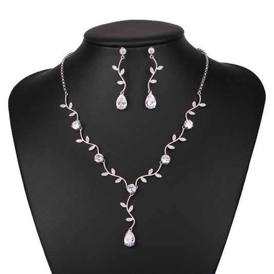 Elegant Bridal Jewelry Set - Zircon Drop Earrings & Necklaces in Gold/Silver/Red/Blue - Buy Center