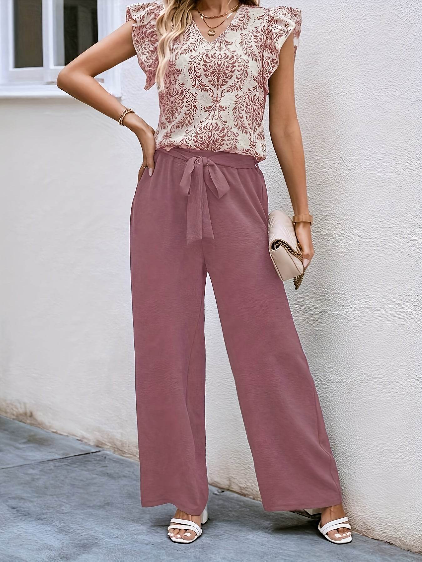 Women's Floral V-Neck Top & Wide Leg Pants Casual Vacation Set - Buy Center