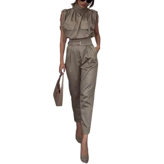 Elegant Shoulder Slimming Jumpsuit Set - Stylish Blouse & Pants Combo - Buy Center