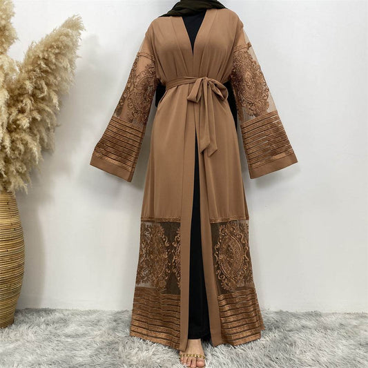 Buycenter Embroidered Mesh Robe Dress - Elegant Women's Long Trench Coat - Buy Center
