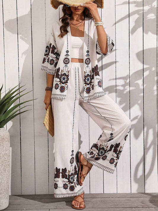 H632 Long Pants Floral Set - Casual Cardigan Collar Style - Buy Center