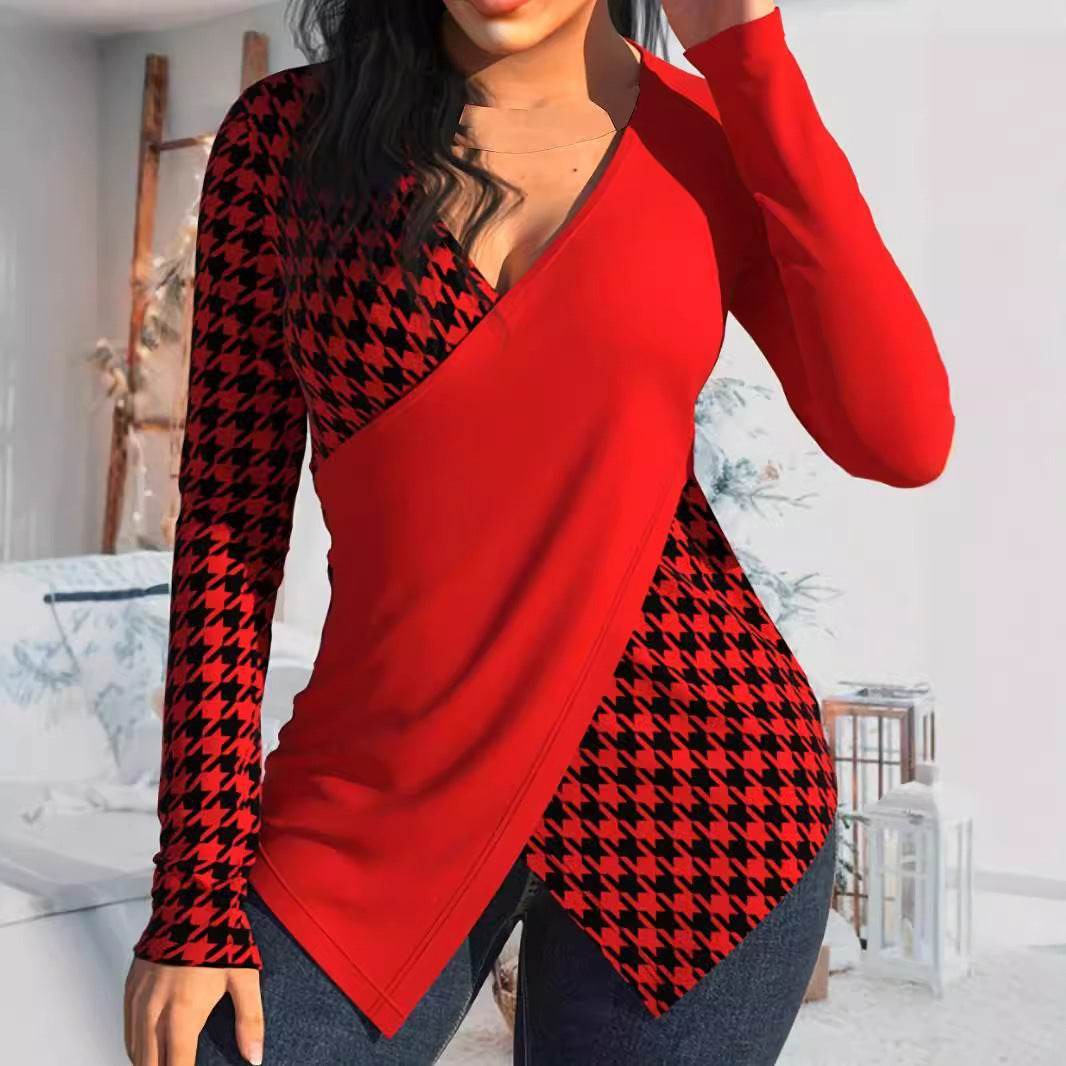 Women's Geometric V-Neck Long Sleeve T-shirt - Stylish Pullover Top 2025 - Buy Center