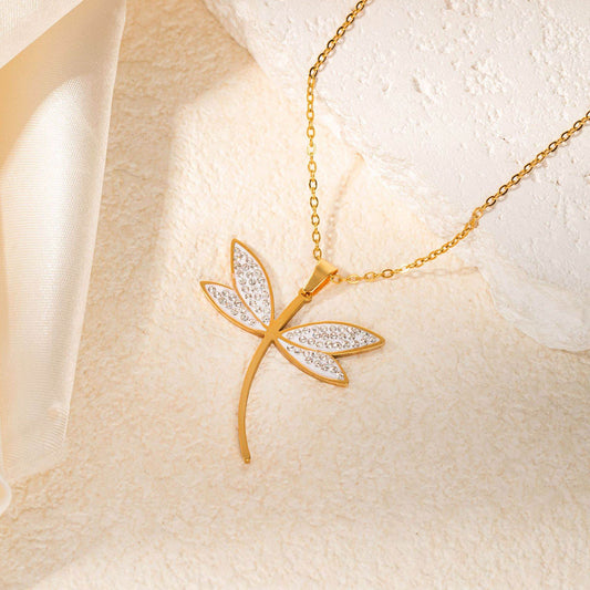 Dragonfly Titanium Steel Necklace & Earrings Set - Sparkling Zircon Elegance - Buy Center