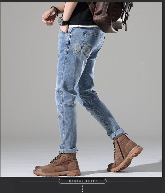 Men's Elastic Stitching Embroidered Jeans - Light Blue Denim Style - Buy Center