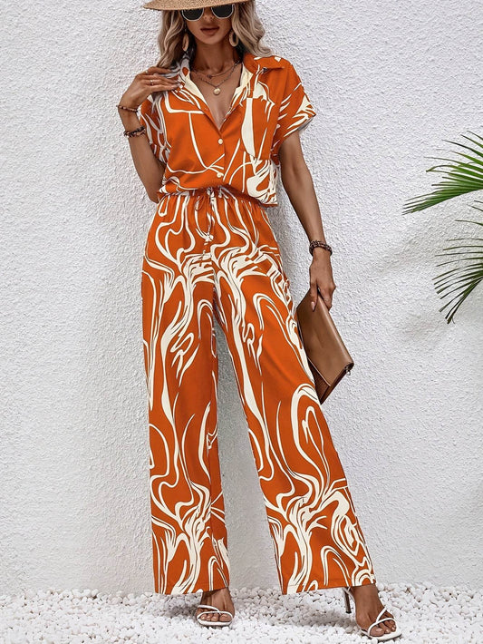 Elegant Women's Pants Set - Wide Leg Trousers & Short Sleeve Shirt - Buy Center