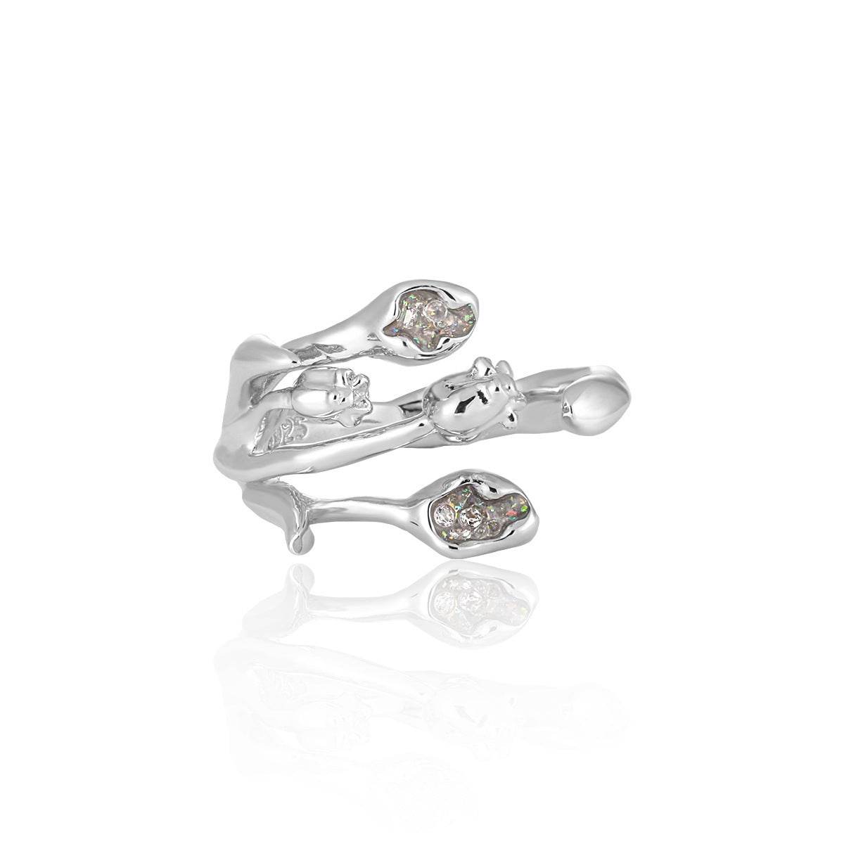Diamond Studded Tulip Design Ring - Luxurious Adjustable Silver Jewelry - Buy Center