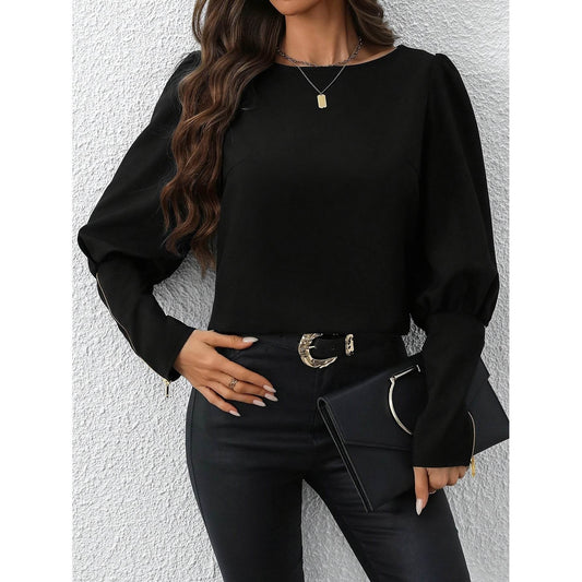 Women's Black Polo Collar Long Sleeve Zip Top - Trendy Blazer 2025 - Buy Center