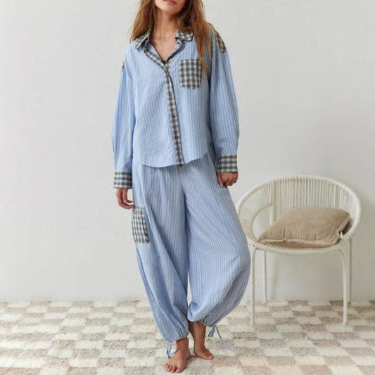 Women's Plaid Dressing Gown Set - Long Sleeve Shirt & Trousers Outfit - Buy Center