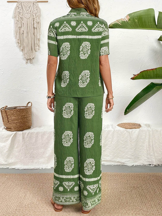 Ethnic Print Cardigan & Wide Leg Pants Set - Elegant Summer Style - Buy Center