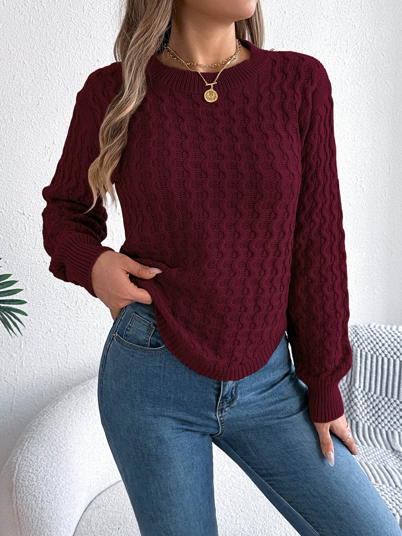 Twist Lantern Sleeve Irregular Pullover Sweater - Khaki & Wine Red - Buy Center