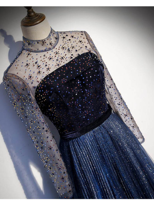 High-End Celebrity Long Tail Dress - Navy Blue Sequin Evening Gown - Buy Center