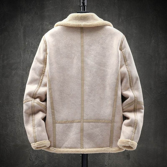 Short Lapel Men's Lamb Wool Jacket - Padded Plus Velvet in Khaki & Black - Buy Center