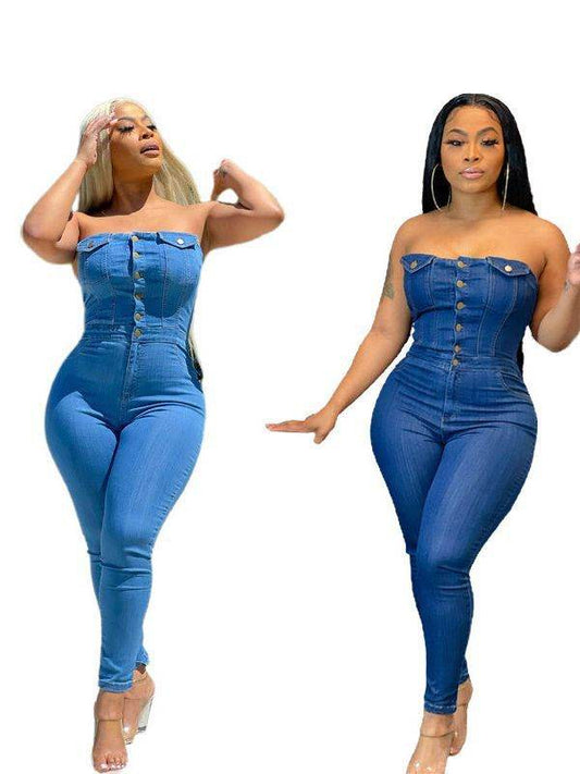 Buycenter Off-Shoulder Denim Jumpsuit - Slim Fit, Stylish & Comfortable - Buy Center