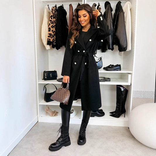 Stylish Double-Breasted Woolen Coat for Women - Trendy Lace-Up Design - Buy Center