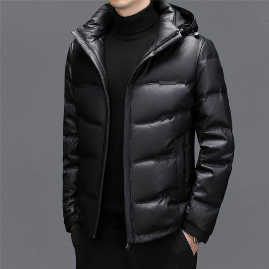 Men's Casual White Duck Down Coat - Premium Leather Hoodie for Warmth - Buy Center