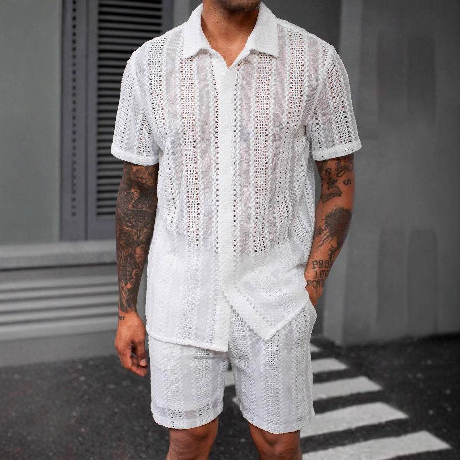 Men's Elegant Lace Translucent Short-Sleeved Shirt - Casual Cotton Blend - Buy Center