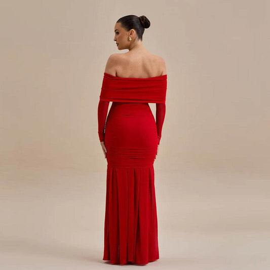 Buycenter Off-Shoulder Pleated Dress - Elegant High Waist Floral Style - Buy Center