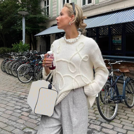 Buycenter Solid Color Wool Sweater - Long Sleeve Irregular Embroidery - Buy Center