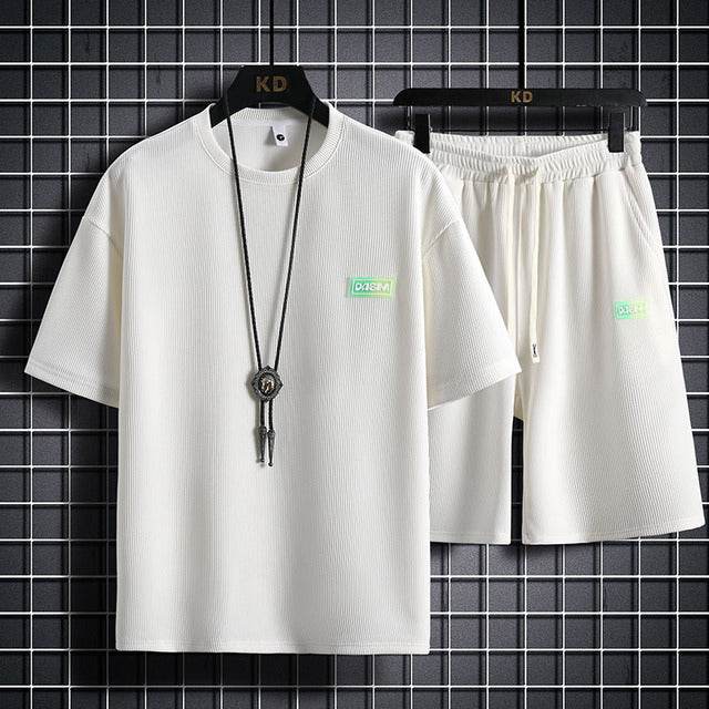 Men's Casual Tracksuit Short Sleeve Set - Breathable Waffle Cotton Style - Buy Center